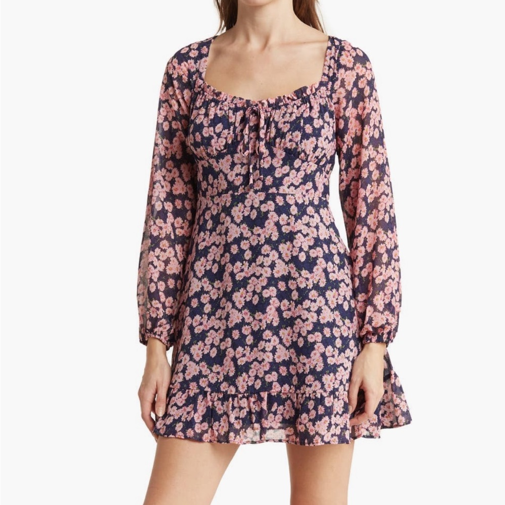 Lush Pink and Blue Floral Long Sleeve Dress